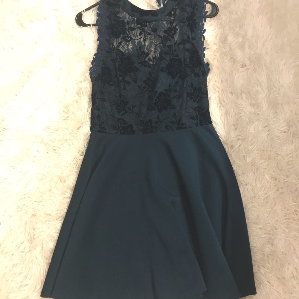Navy/Teal high neck dress with velvet detail. Francescas, size M